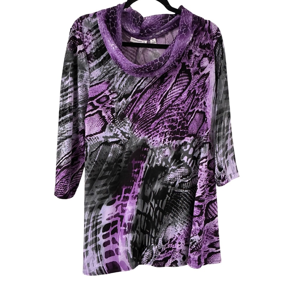 Susan Graver Grunge Y2K Purple Snakeskin Liquid Knit Cowl Neck Tunic Top M